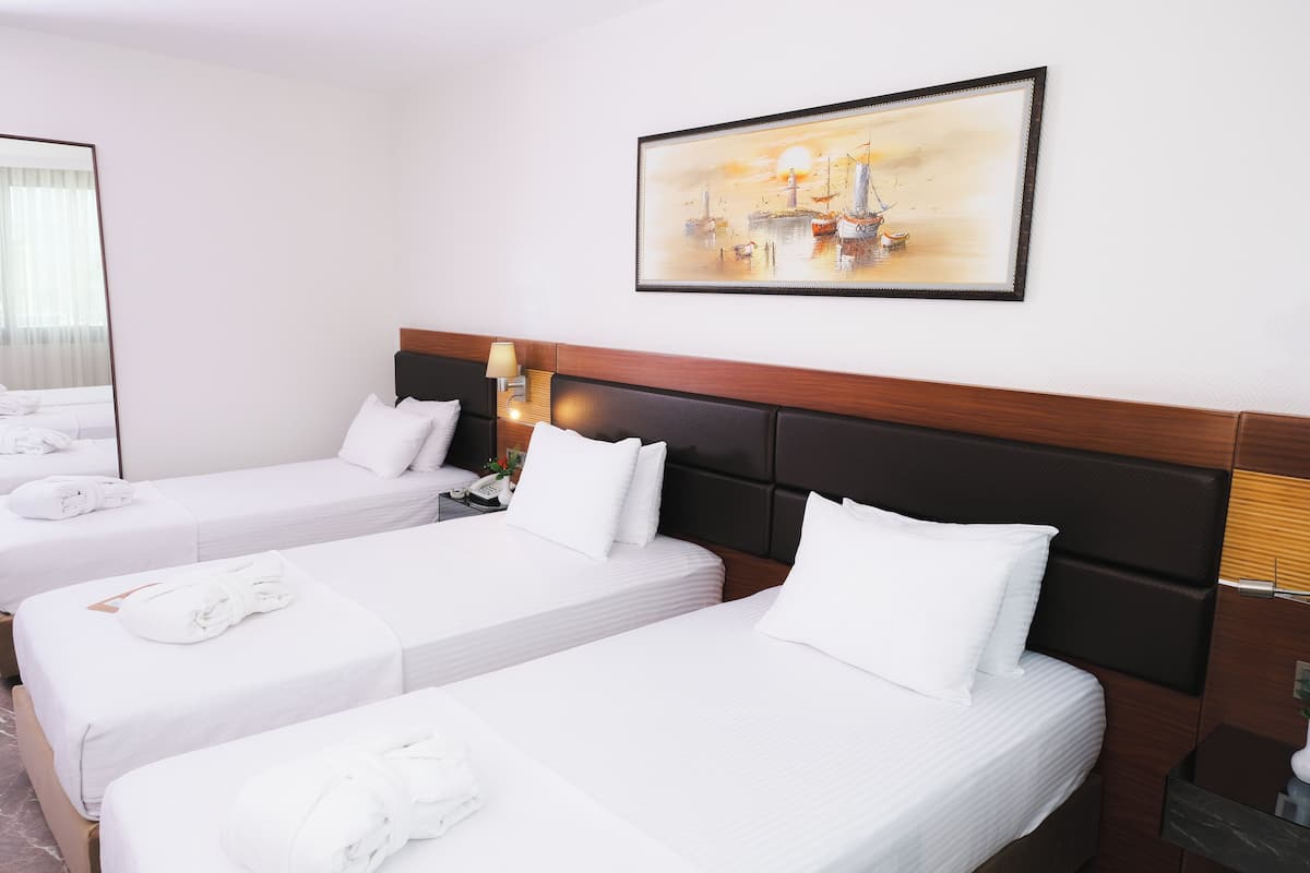 Una habitación de hotel con dos camas individuales, un cabecero de madera, un cuadro en la pared y una mesita de noche con una lámpara.