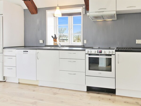 Fridge, dishwasher, cookware/dishes/utensils