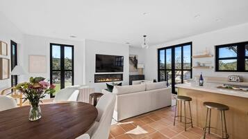 Télévision, cheminée, espaces bureaux