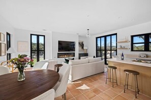 Télévision, cheminée, espaces bureaux