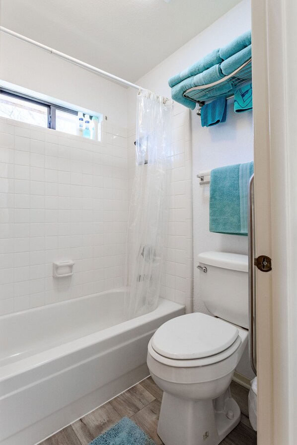 Une salle de bain avec une baignoire, des toilettes et un rideau de douche.