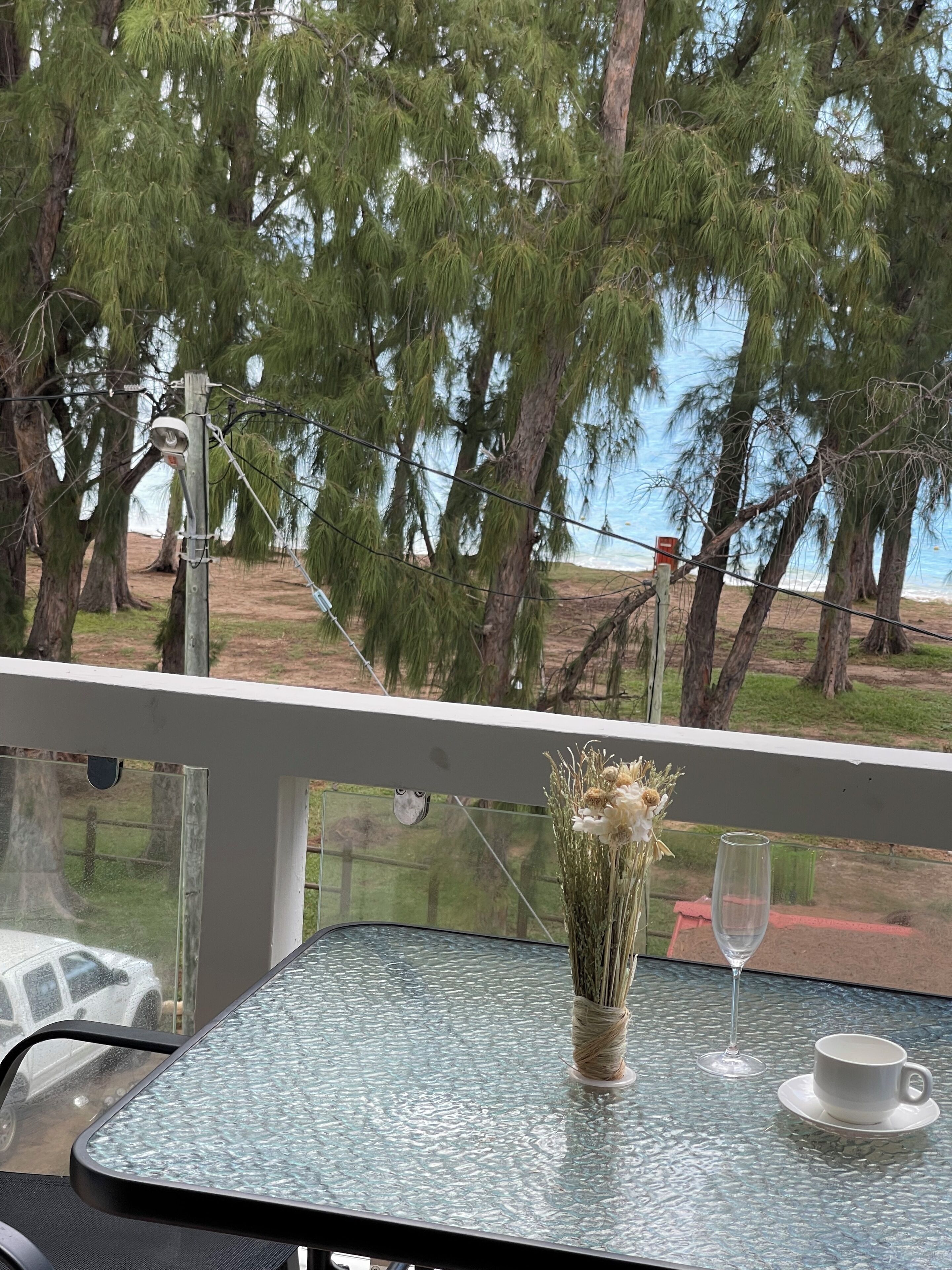A glass table with a vase of dried flowers and a wine glass, overlooking a beach with trees and a clear sky.