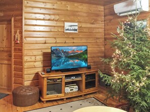 Puisella sisustuksella varustettu huone, jossa on puinen TV-taso, pieni valaistu joulukuusi ja seinällä oleva kehystetty kuva.