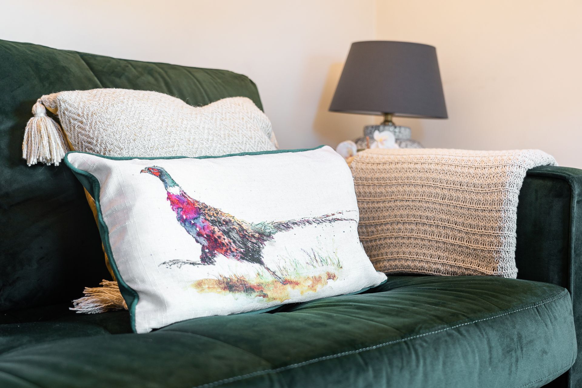 A green sofa with a white pillow featuring a colorful bird design and a beige knitted throw.