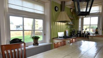 Fridge, stovetop, dishwasher, coffee/tea maker