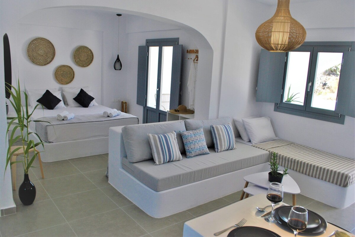 A modern, well-lit room with a bed, a sofa, and a dining area.