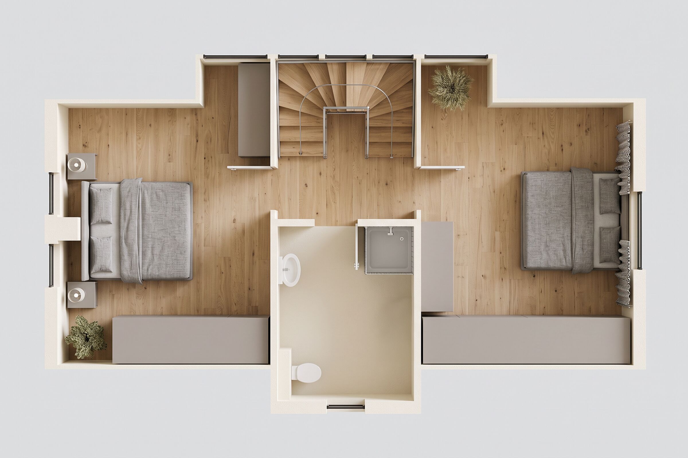 A floor plan of a hotel room with a bed, a small kitchenette, a bathroom, and a seating area.