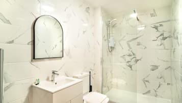 Shower, hair dryer, towels