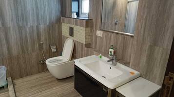 Jetted tub, hair dryer, bidet, towels