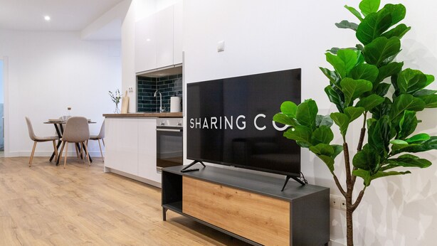 Un salon moderne doté d’un téléviseur à écran plat, de planchers en bois, d’un coin repas avec des chaises et d’une plante en pot.