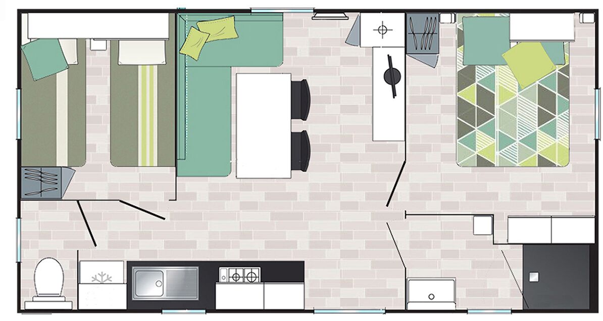A floor plan of a hotel room with a bed, a desk, a chair, a small table, a sofa, a TV, a bathroom, and a kitchen area.
