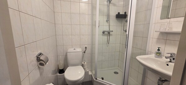 A bathroom with a toilet, shower, and sink.