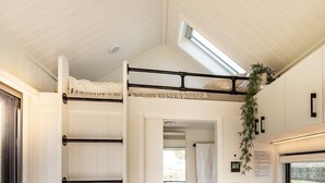 A bunk bed with a skylight, a hanging plant, and a view of the outdoors.