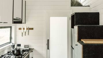 Fridge, stovetop, cookware/dishes/utensils