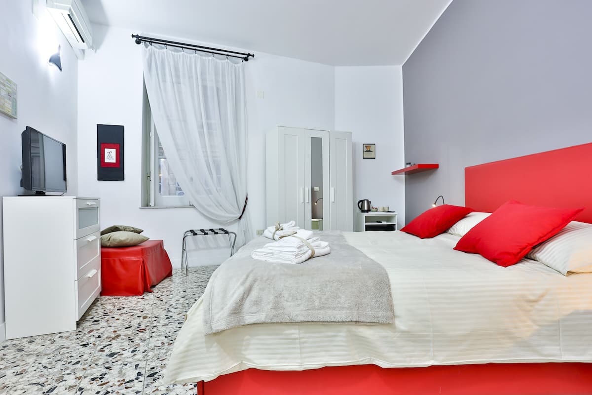 Un dormitorio con una cama, televisor, armario y escritorio.