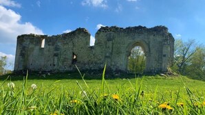 An ancient stone structure with a large archway, surrounded by lush green grass and wildflowers. - Manoir de Montigny (Russy-Bémont)