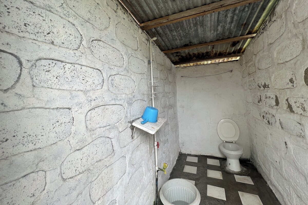 A small, enclosed bathroom with a white brick wall, a white toilet, and a blue bucket on a shelf.