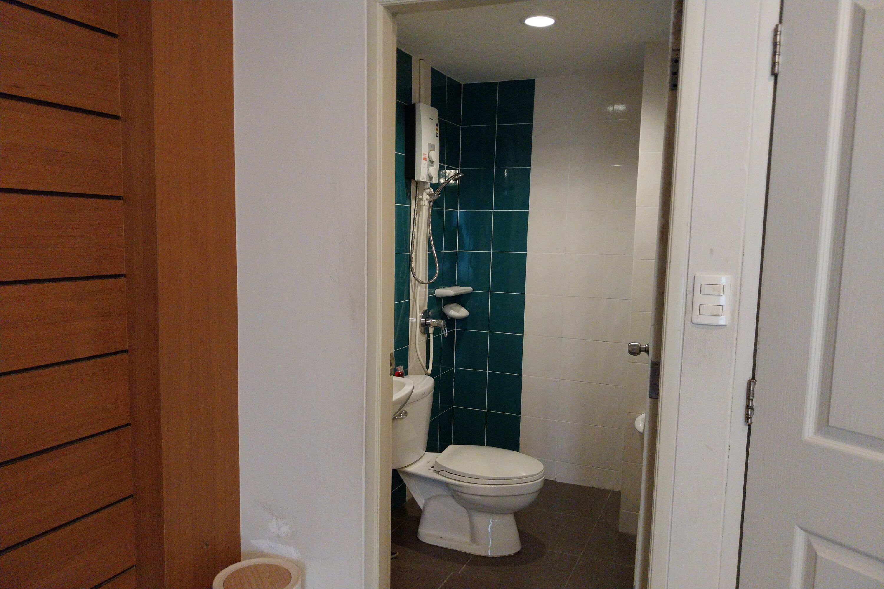 Un baño con inodoro, ducha y puerta de madera.