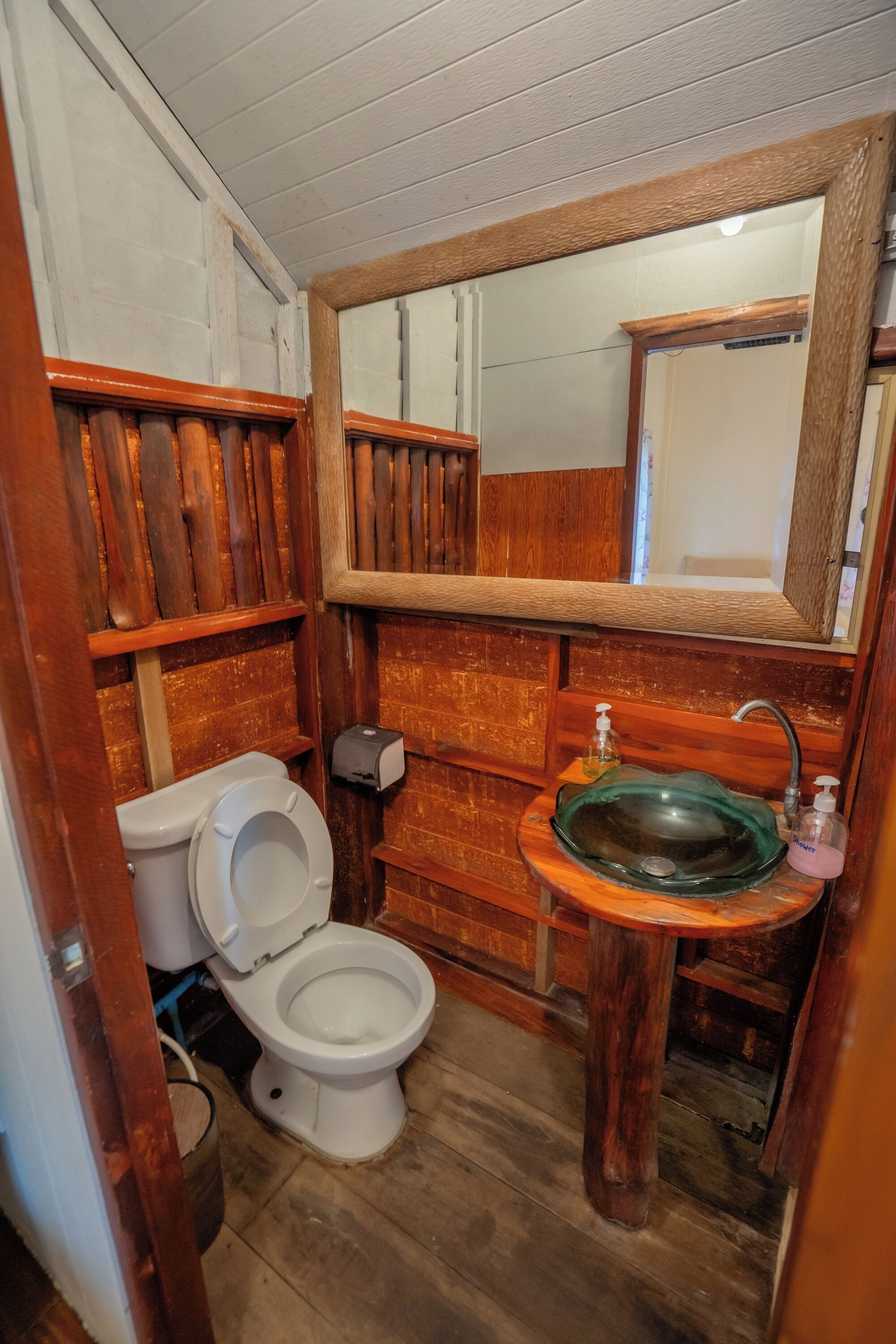 Une petite salle de bain avec un meuble-lavabo en bois, un lavabo en verre et des toilettes blanches.