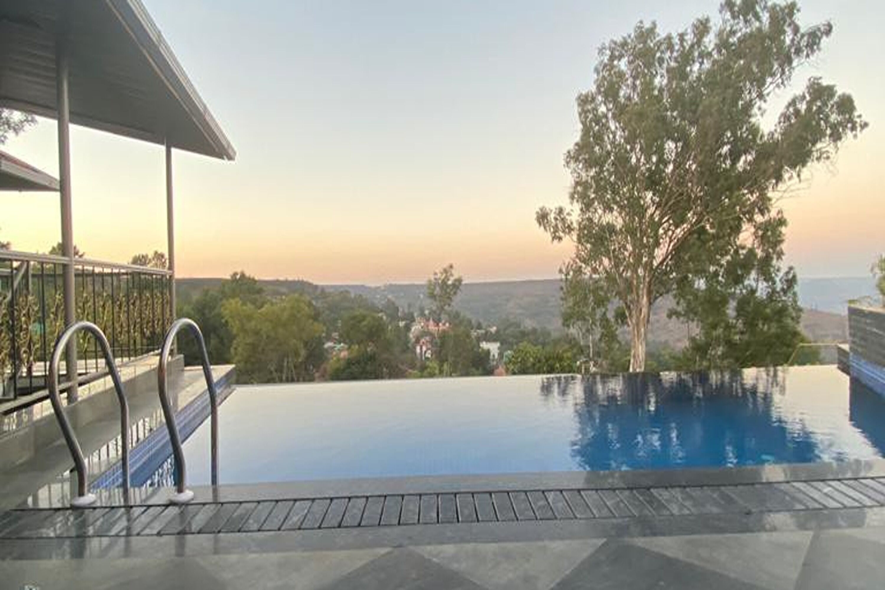 An infinity pool with a view of a tree and distant landscape.