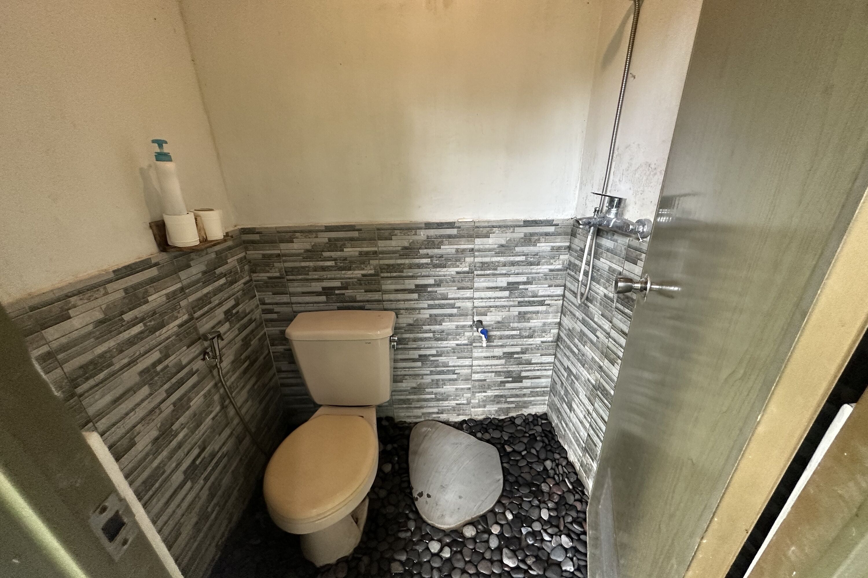 A bathroom with a toilet, a sink, and a shower.