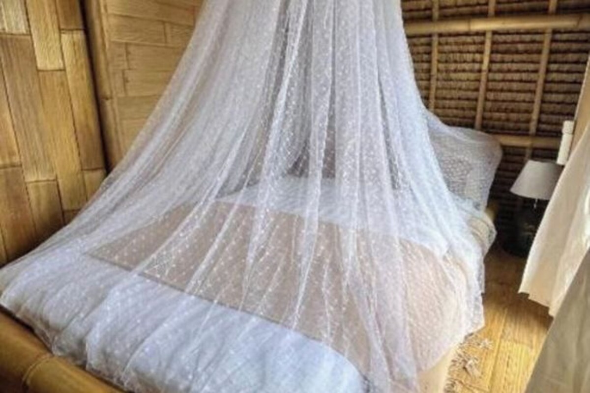 A room with a bed covered by a white mosquito net.