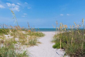 A sandy beach path leading to the sea, surrounded by tall grasses.