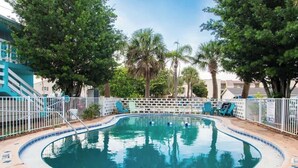 Piscina com borda azulejada, cercada por um muro branco e árvores ao fundo.