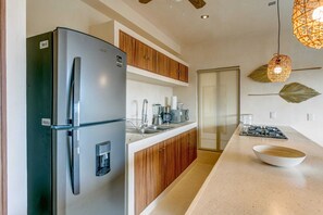 Frigorífico, microondas, placa de cocina y cafetera o tetera