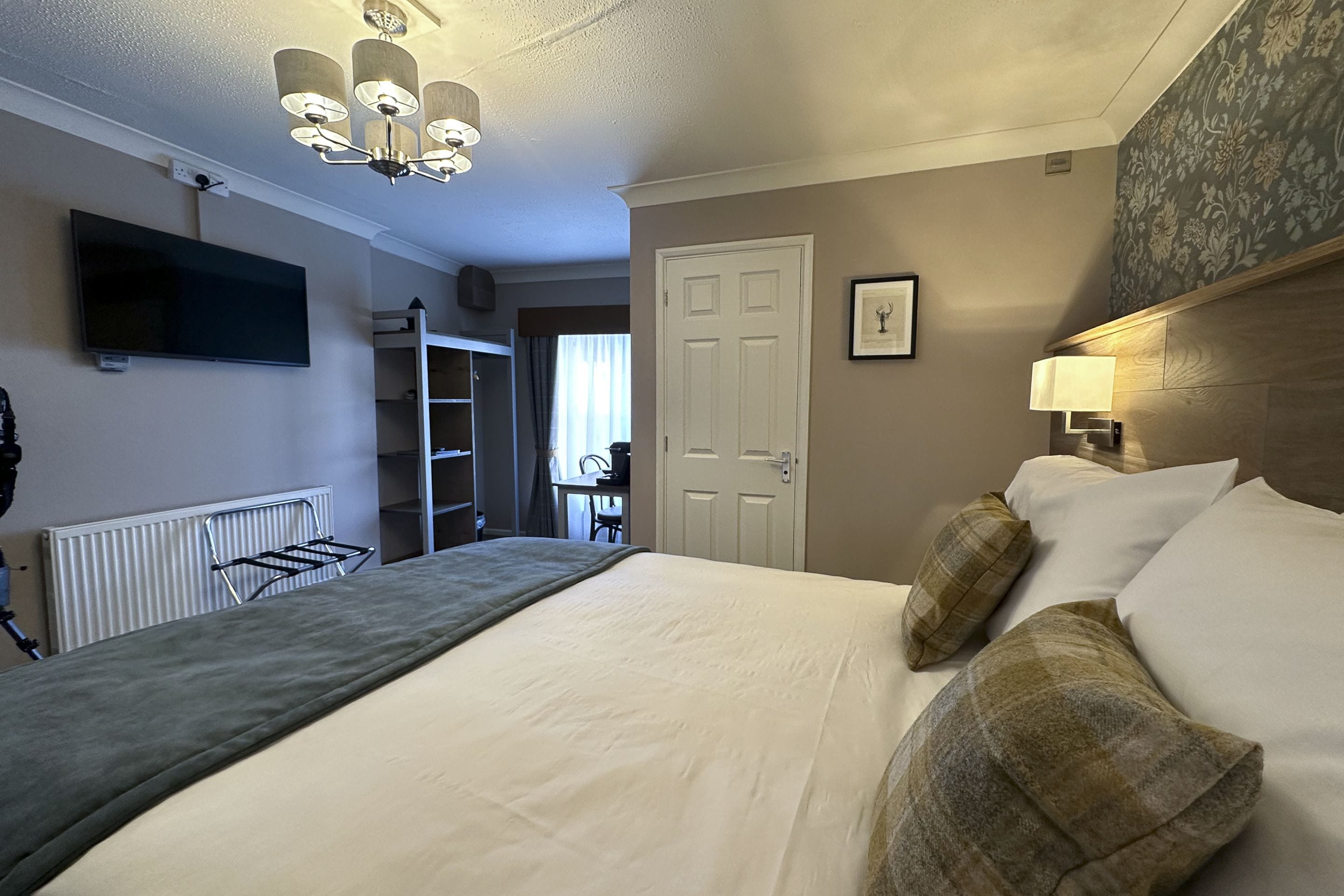 A hotel room with a bed, a TV mounted on the wall, a ceiling fan, a door, and a window with curtains.