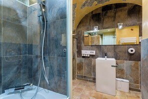 Hair dryer, towels, soap, toilet paper