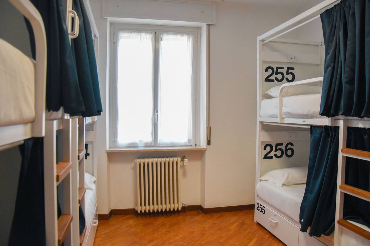 A dormitory room with bunk beds numbered 255 and 256, a window with curtains, and a radiator.
