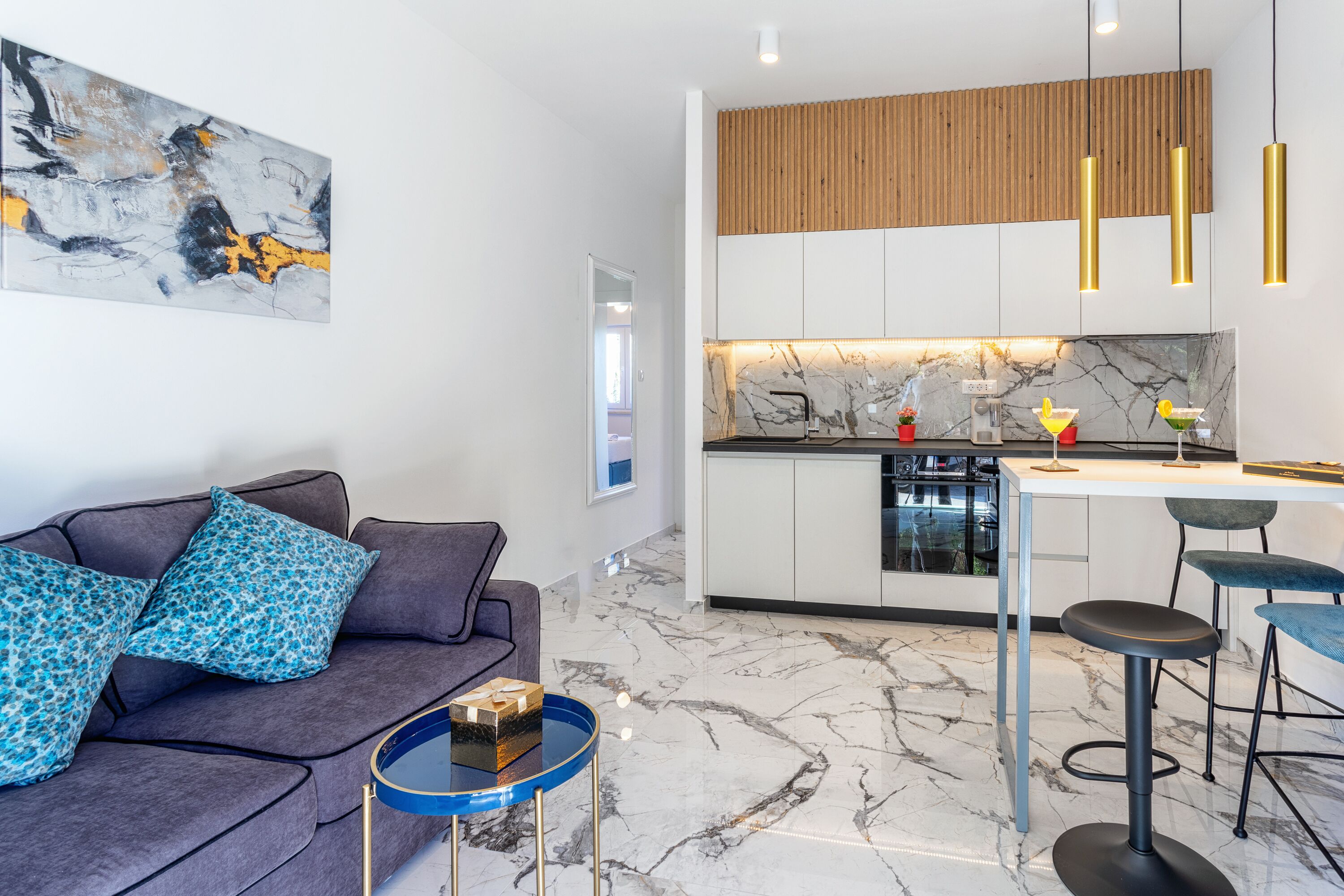 Fridge, electric kettle, cookware/dishes/utensils