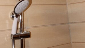 Une douche équipée d’un pommeau de douche à main et d’un pommeau de douche fixe au plafond, tous deux fixés sur des supports en chrome.