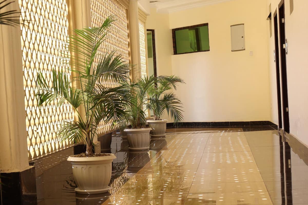 A hallway with a shiny floor, potted plants, and a decorative wall.