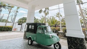 Um tuk-tuk verde estacionado sob um toldo branco, com um pilar de pedra, palmeiras e céu claro ao fundo.