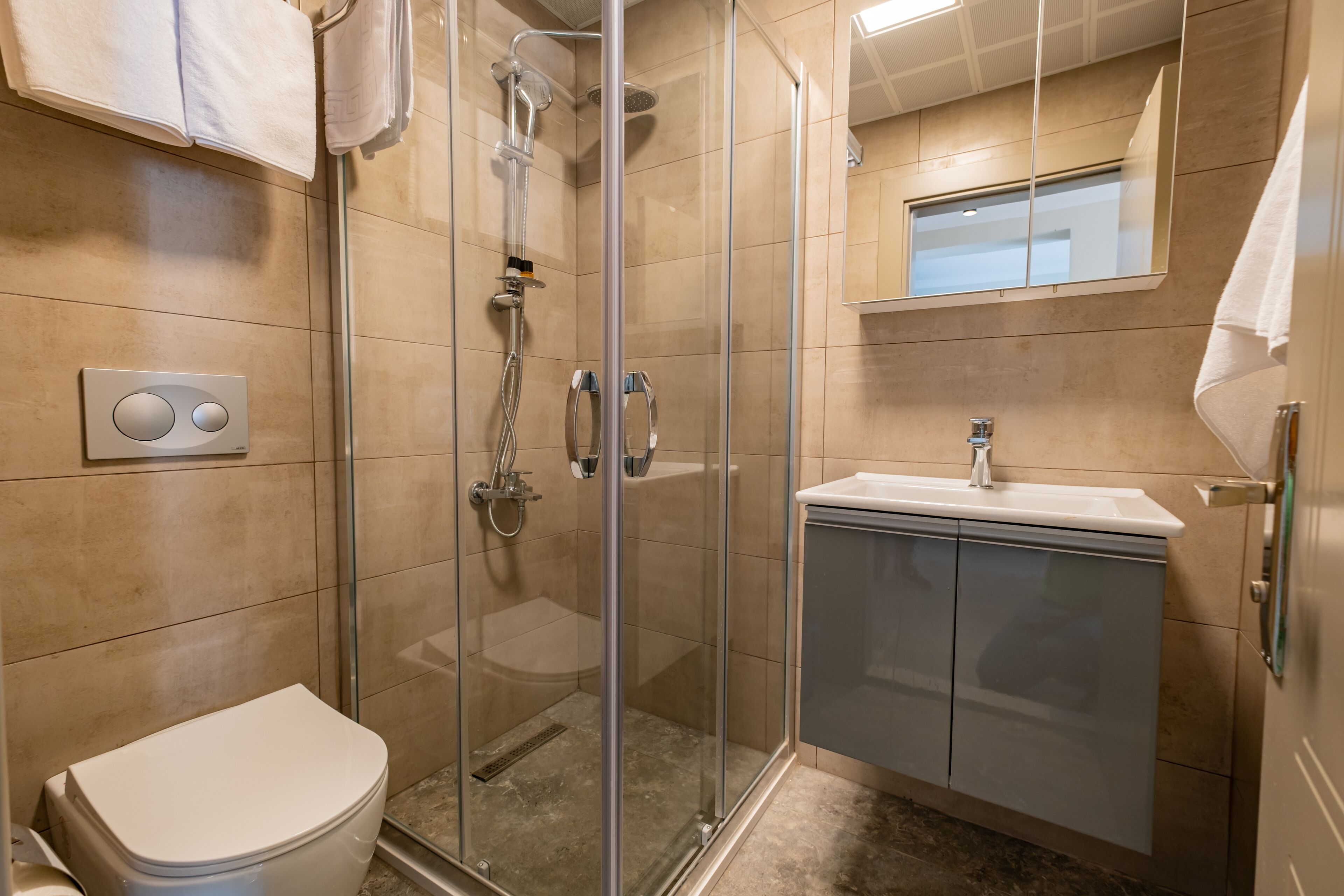 A modern bathroom with a glass-enclosed shower, a toilet, a sink with a mirror, and a towel rack.