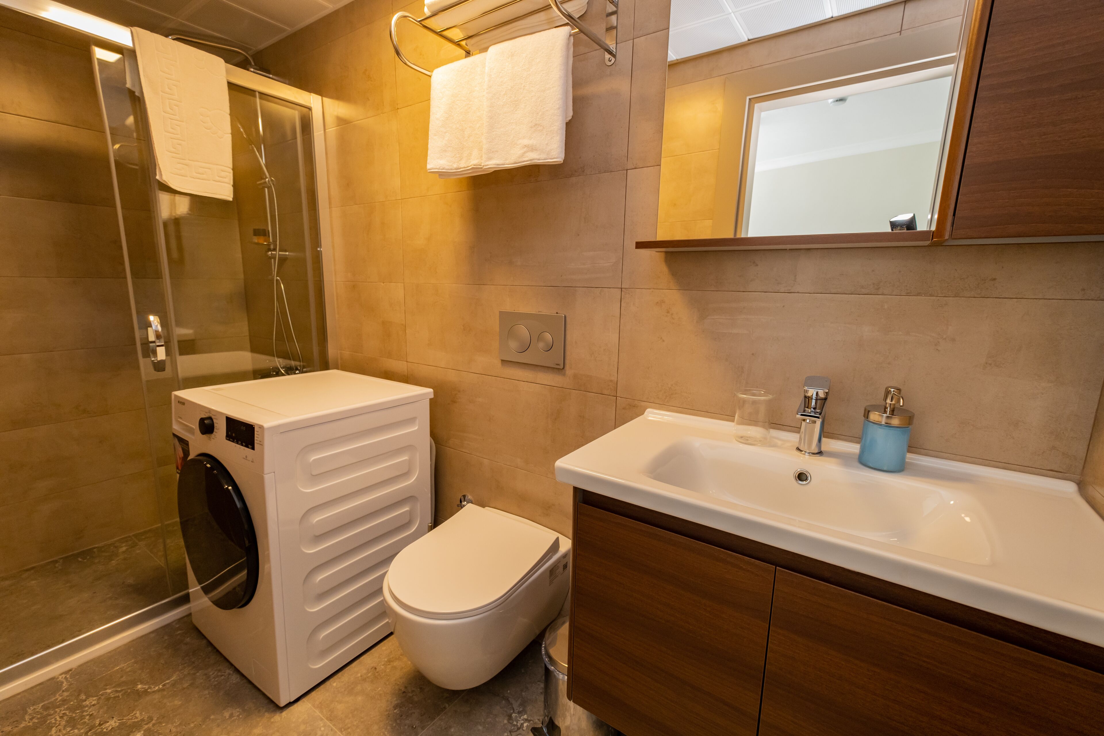 A modern bathroom with a glass-enclosed shower, a built-in washing machine, a toilet, and a vanity with a sink and mirror.