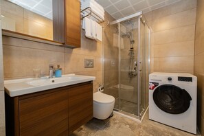 Family Suite | Bathroom | Shower, hair dryer, towels