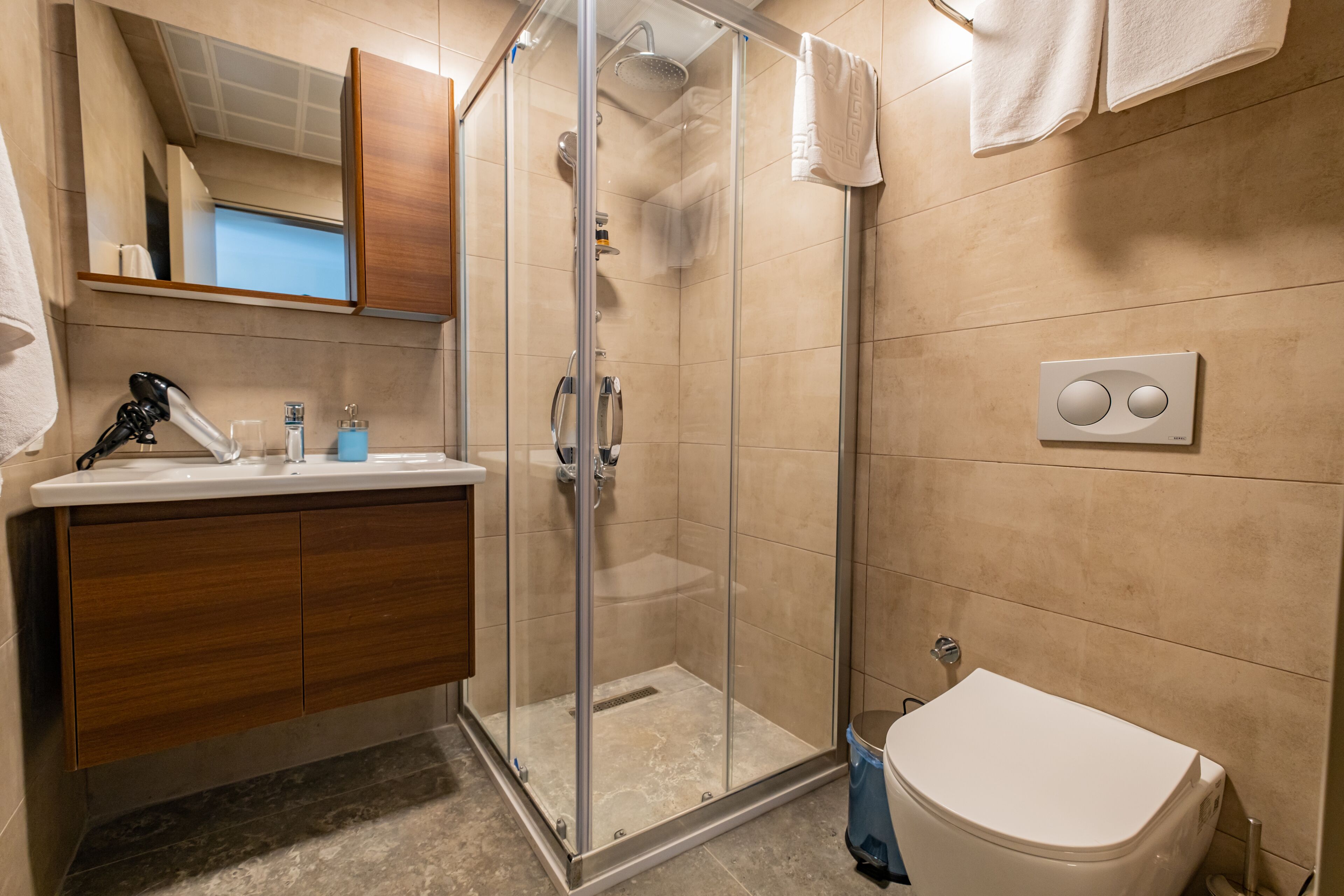 A modern bathroom with a glass-enclosed shower, a white toilet, and a wooden vanity with a mirror.