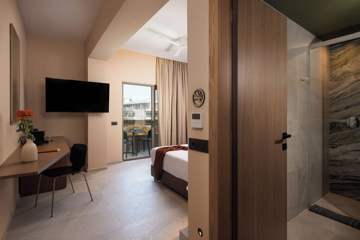 Une chambre d’hôtel moderne équipée d’une télévision à écran plat, d’un bureau avec une chaise, d’un lit et d’une salle de bain avec douche.