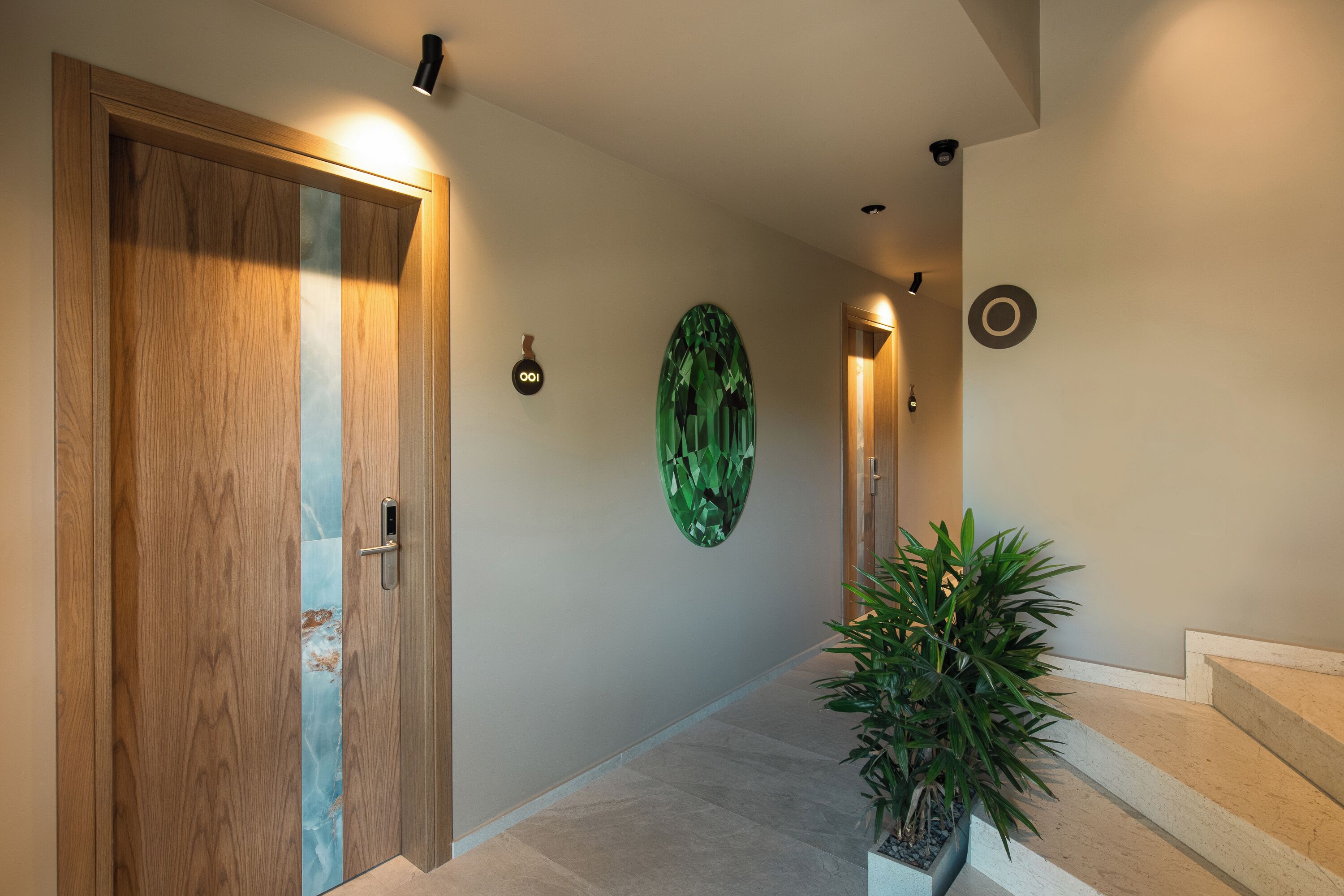 Un pasillo con una puerta de madera, un adorno verde en la pared, una planta en maceta y una escalera.