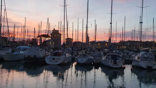 Eine Marina mit mehreren Segelbooten, die im Sonnenuntergang vor Anker liegen.