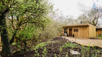 A wooden cabin with a dirt path leading to the entrance, surrounded by dense greenery and trees.