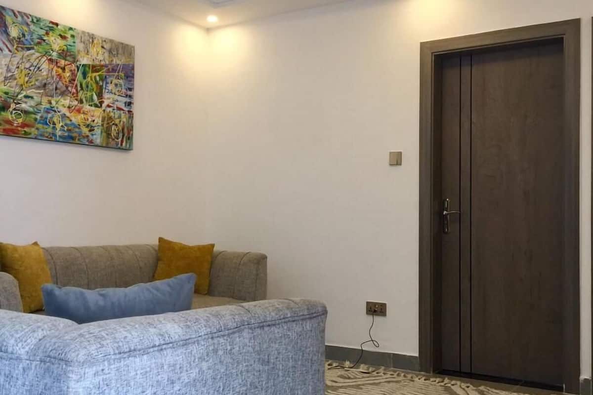 A living room with a grey sofa, a patterned rug, a dark wooden door, and a ceiling light fixture.