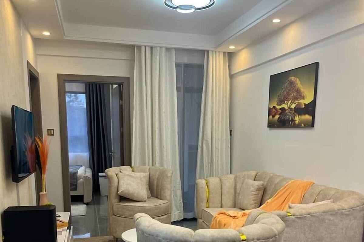 A modern living room with a grey sectional sofa, a flat-screen TV, and a painting on the wall.
