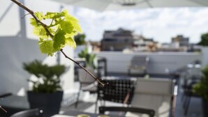 Una terraza en la azotea con una mesa lista para comer, plantas en macetas y vistas de la ciudad.