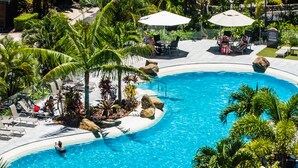 Piscina con sillones de descanso y sombrillas, rodeada de palmeras y rocas.