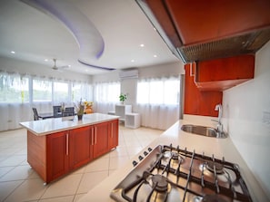 Fridge, microwave, stovetop