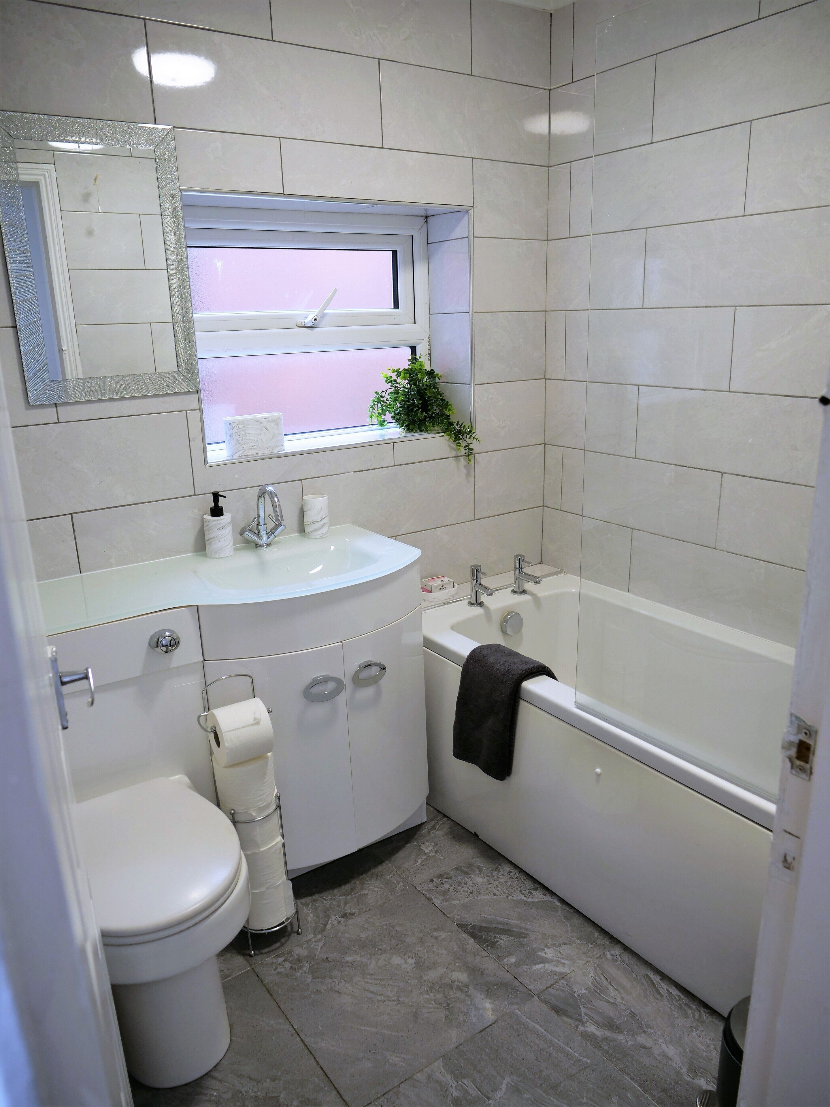 Eco-friendly toiletries, hair dryer, towels, soap